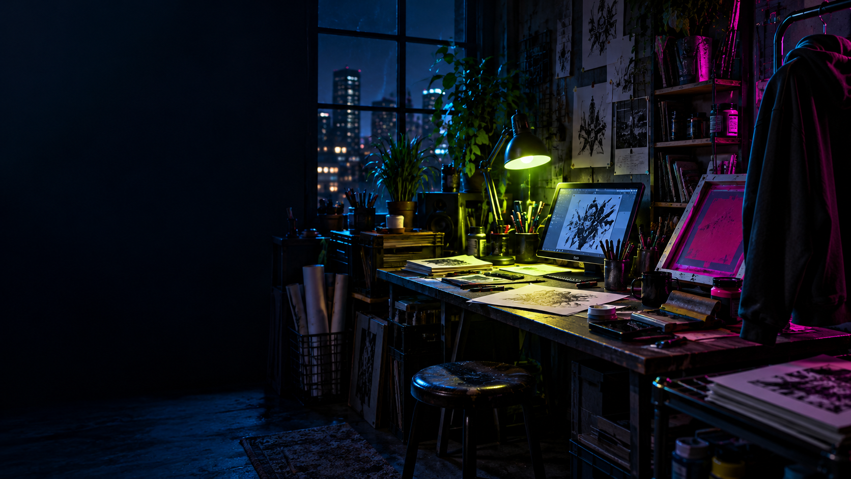 An imagined after-hours art studio illuminated by a lime task lamp and blue evening light